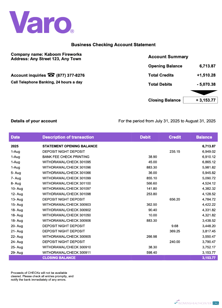 USA California Varo organization checking account statement Word and PDF template